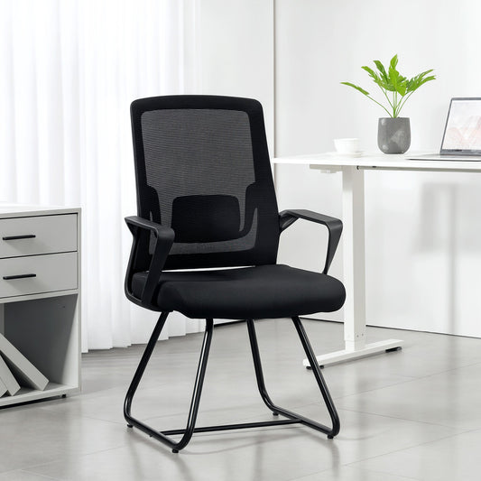 HOMCOM Desk Chair No Wheels, Office Chair with Mesh Back, Lumbar Support, Metal Base for Waiting Room, Conference Room, Black