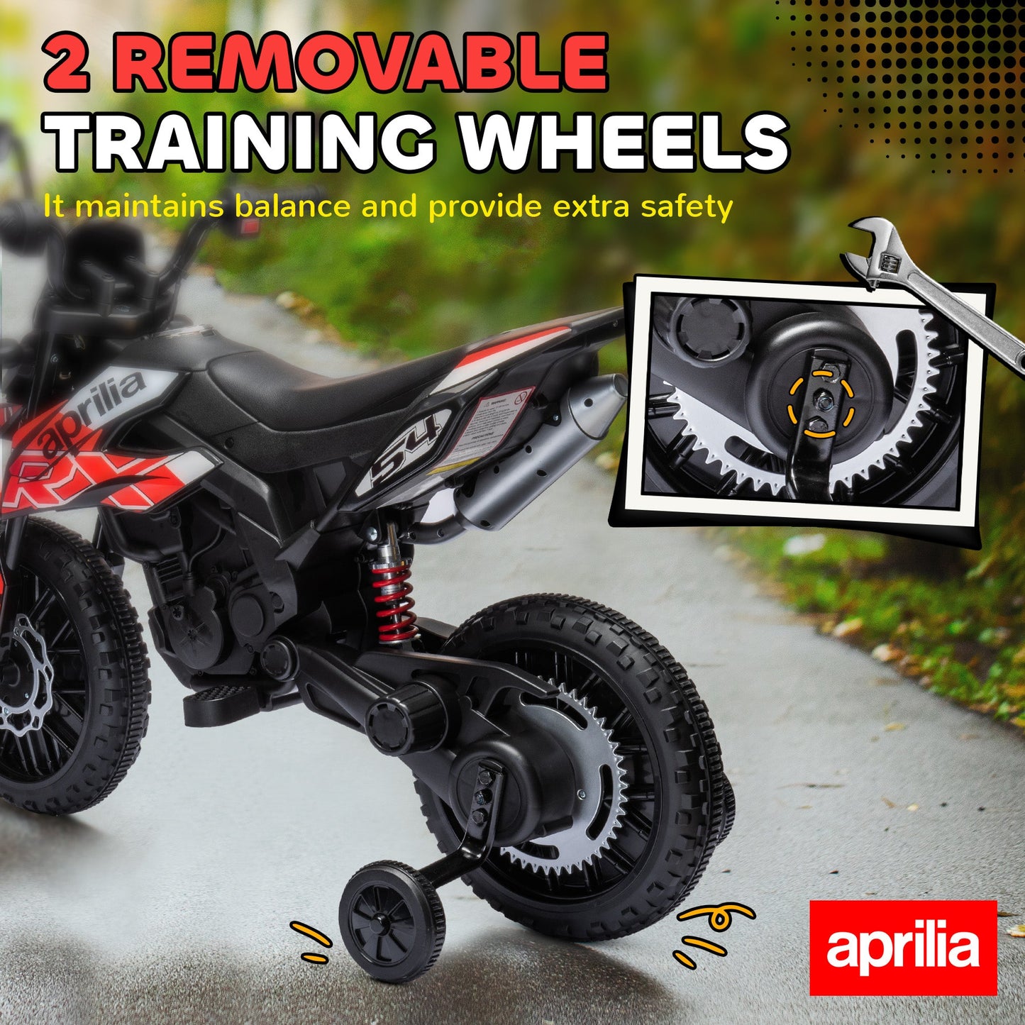 AIYAPLAY 12V Aprilia Licensed Kids Motorbike with Training Wheels, Spring Suspension, LED Headlight, USB, Music, Red/Black