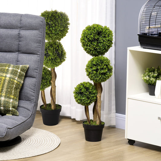 HOMCOM Set of 2 Decorative Artificial Plants, Boxwood Ball Topiary Trees in Pot Fake Plants for Home, Indoor&Outdoor Decor, 90 cm, Light Green