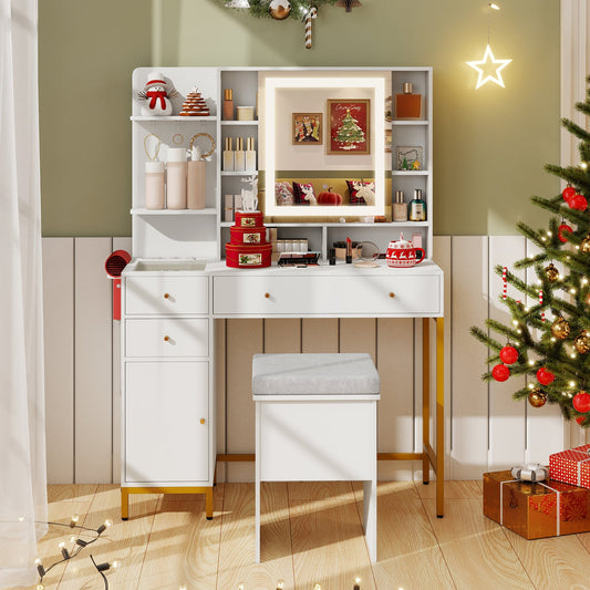 Makeup Vanity Desk with Lighted Mirror and LED Lights-White