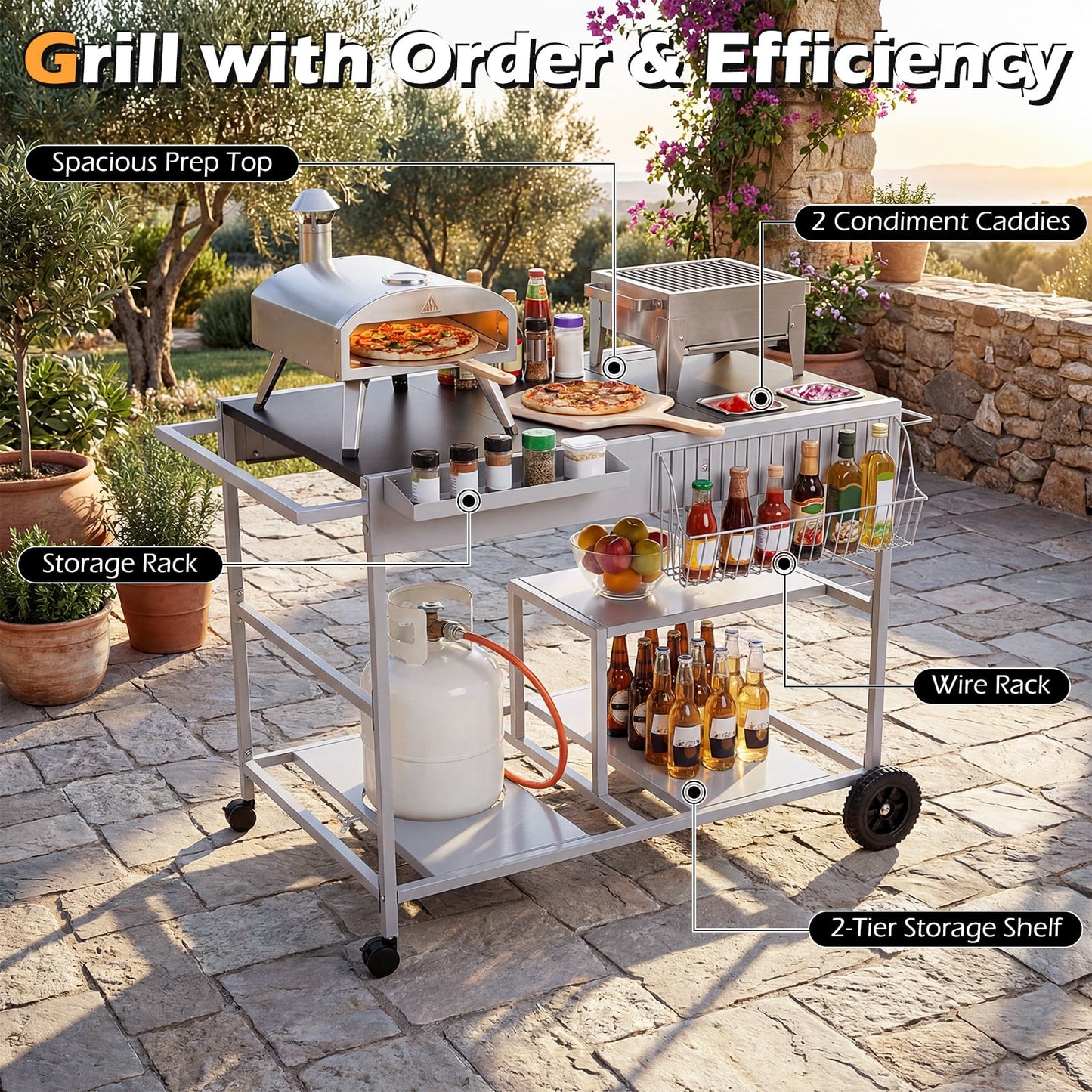 Metal Rolling Food Prep Cart with Mesh Side Panel and Topping Station for Backyard-Black