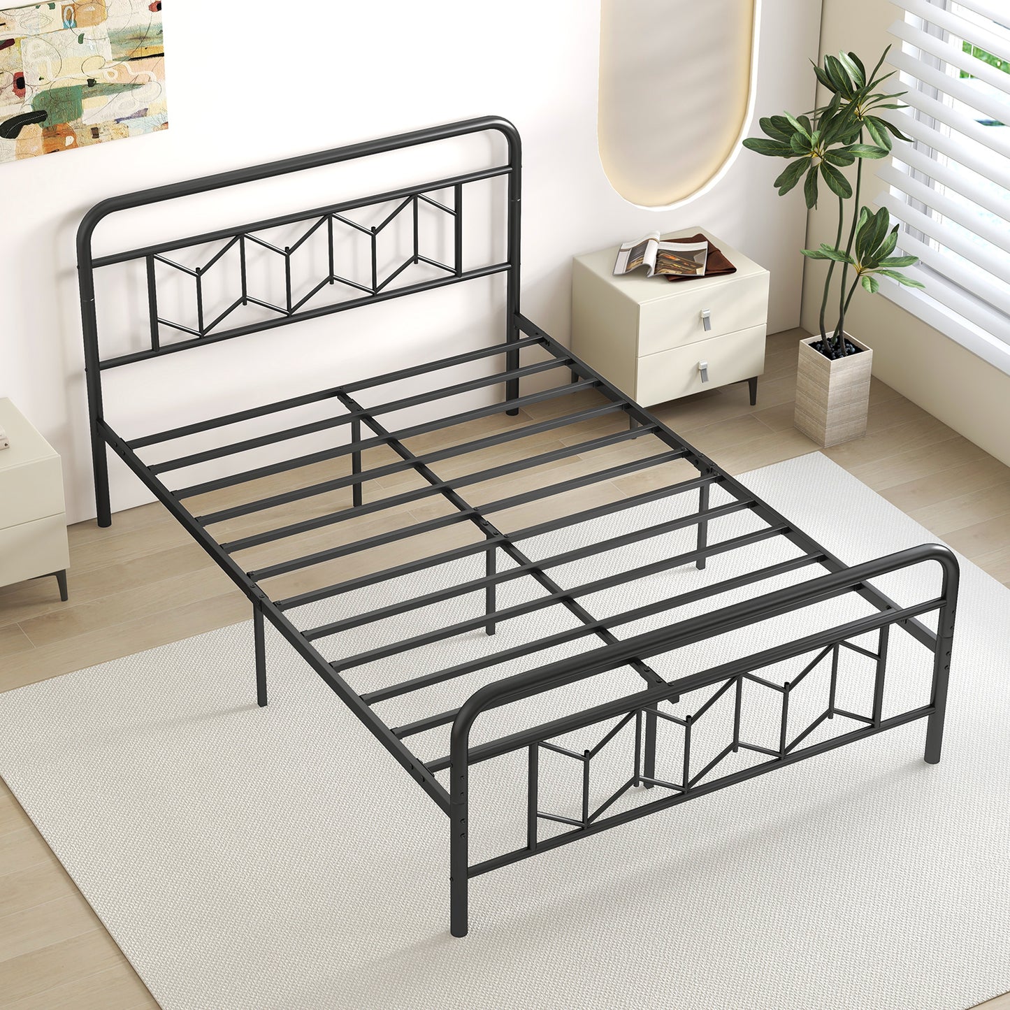 Single/Double/King Size Metal Bed Frame with High Headboard and Mute Bar-Black-Full Size