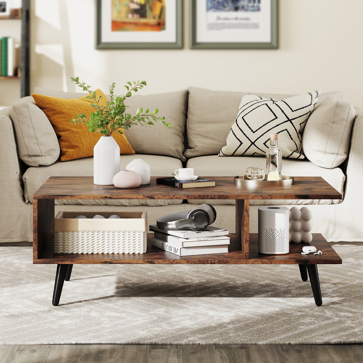 Mid Century Modern Coffee Table 2-Tier Accent Table with 2 Open Compartments-Rustic Brown