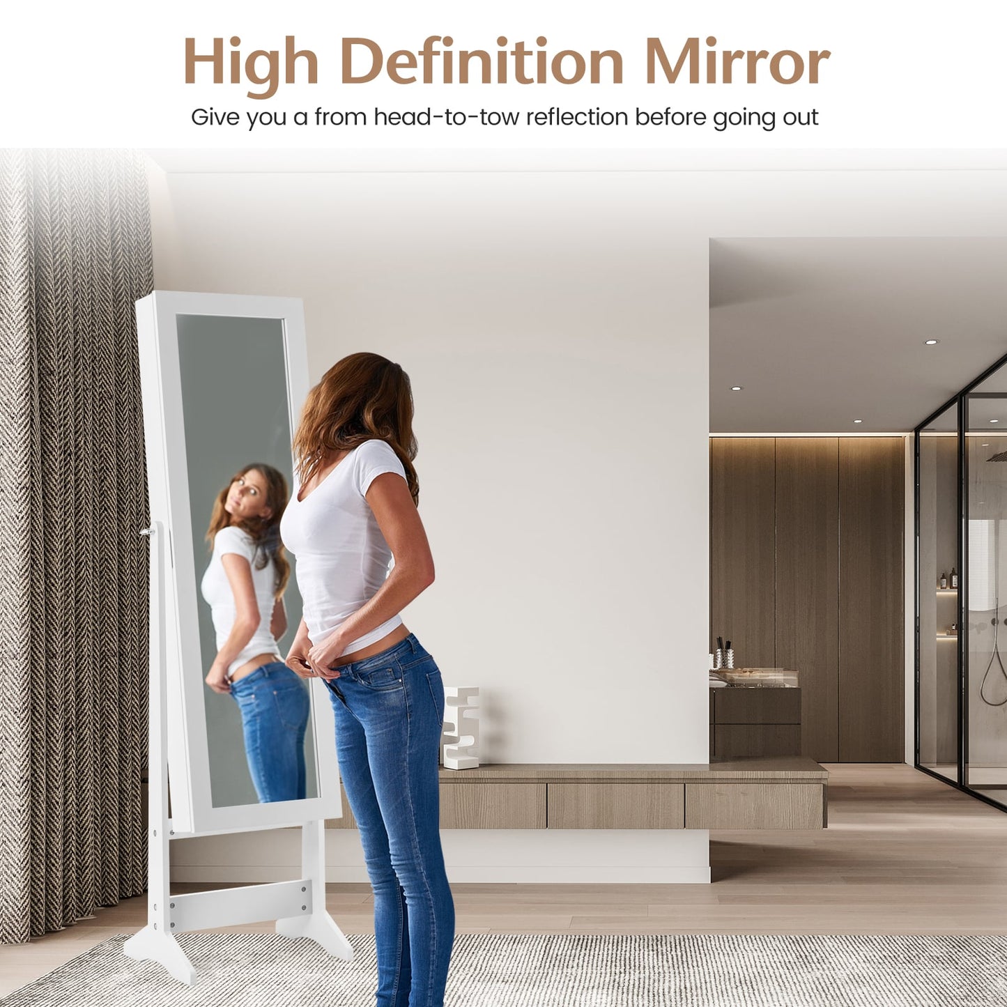 Mirrored Jewelry Armoire with Full-Length Mirror and 3 Tilting Angles-White