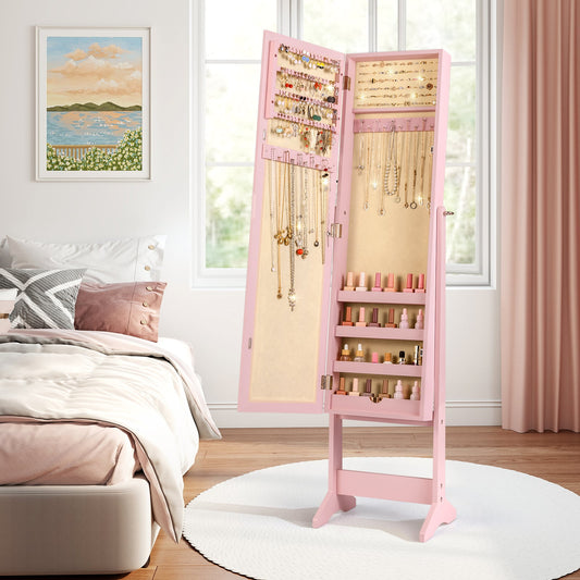 Mirrored Jewelry Armoire with Full-Length Mirror and 3 Tilting Angles-Pink