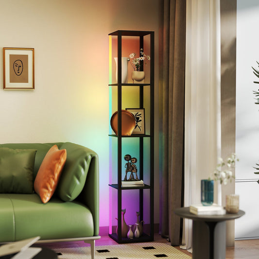HOMCOM RGB LED Floor Lamp with Shelves, Modern Dimmable Standing Lamp with Remote Control, Adjustable Brightness & Speed for Living Room, Bedroom, Office, Black