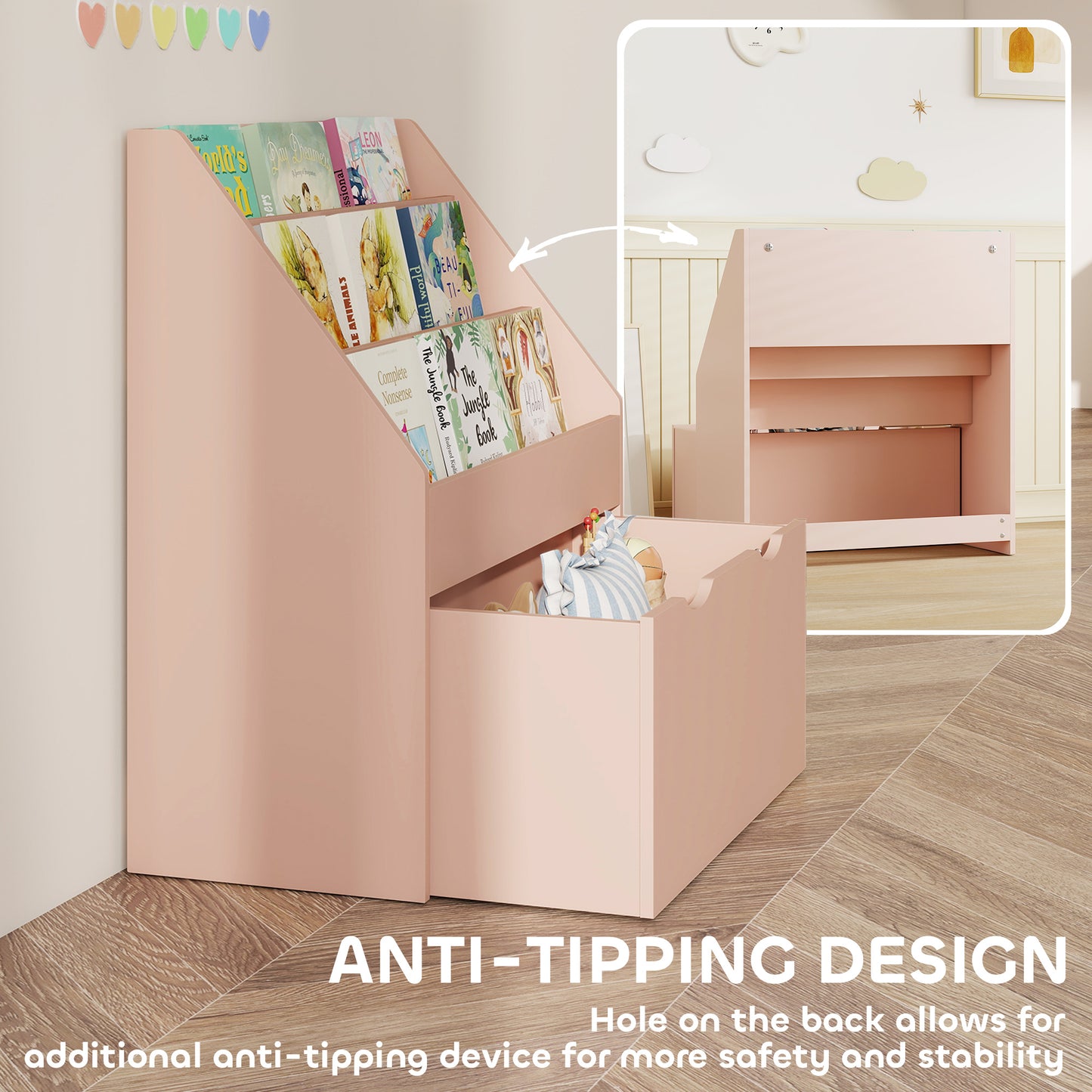 AIYAPLAY Bookcase for Kids with Shelves, Drawer, Bookcase for Bedroom, Playroom, Pink