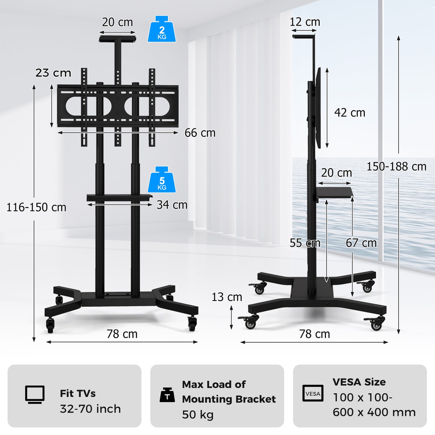 Mobile TV Stand Height Adjustable TV Cart with Lockable Wheels