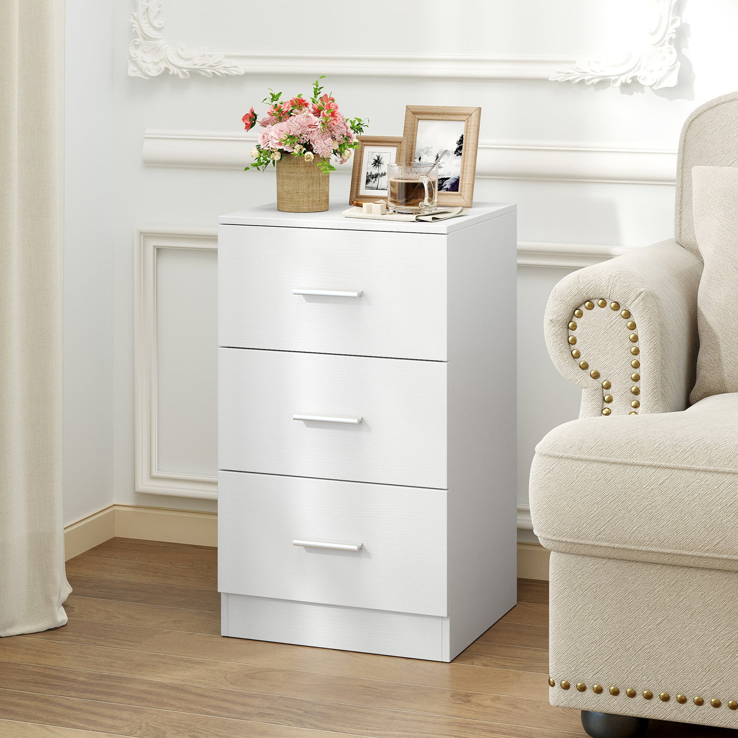 Modern Nightstand End Table with 3 Storage Drawers 2 Anti-tip Kits-White
