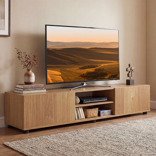 Modern TV Stand for up to 70" TVs with 2 Doors and Open Shelves-Natrual