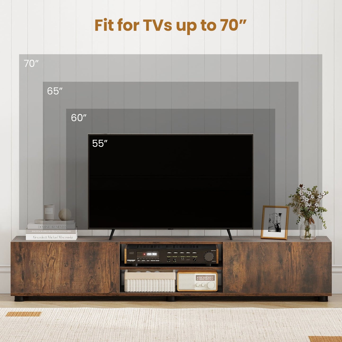 Modern TV Stand for up to 70" TVs with 2 Doors and Open Shelves-Rustic Brown