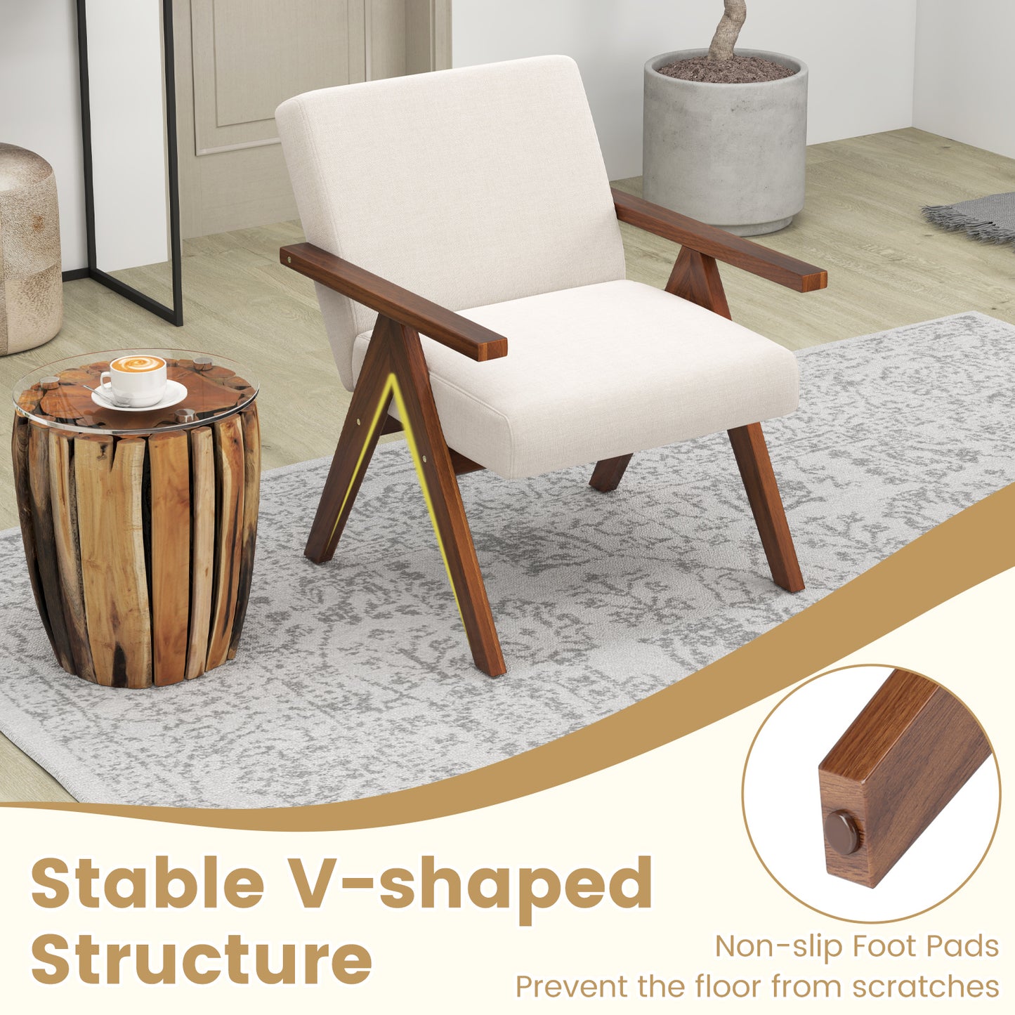 Modern Accent Chair Linen Fabric Armchair with Solid Acacia Wood Frame-Beige
