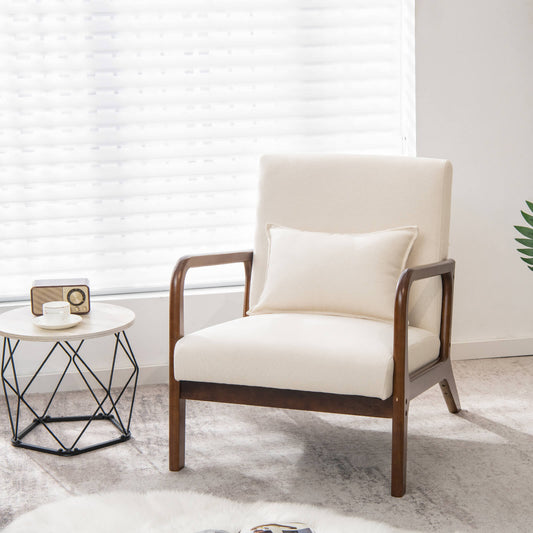 Modern Accent Chair with Lumbar Pillow and Rubber Wood Frame-Beige