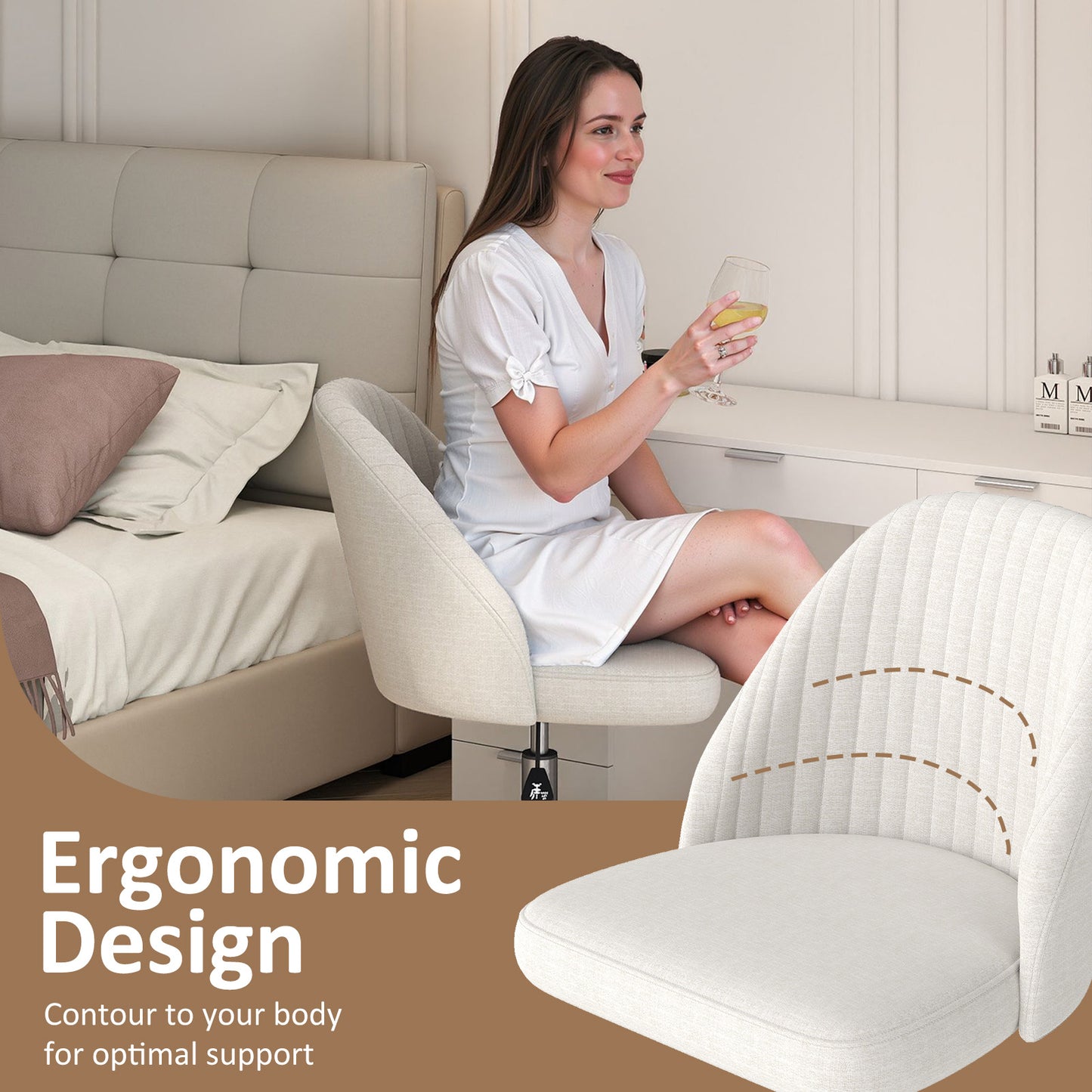 Modern Armless Office Chair with Curved Backrest and Upholstered Seat-Beige