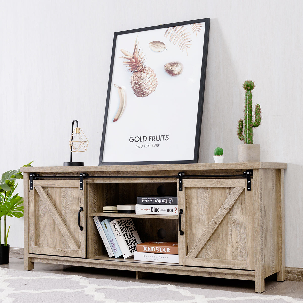 Modern TV Cabinet for 60-Inch TV Wooden Media Storage Shelves-Grey