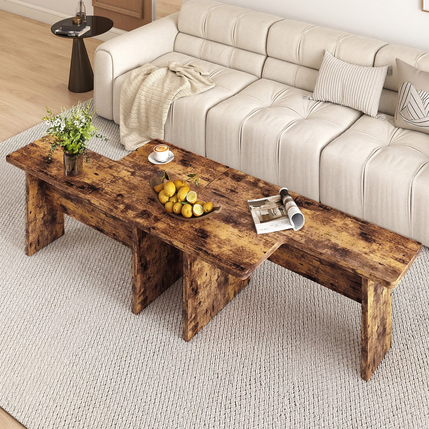 Modular Coffee Table Set of 2 L Shaped Center Tables for Small Space-Rustic Brown
