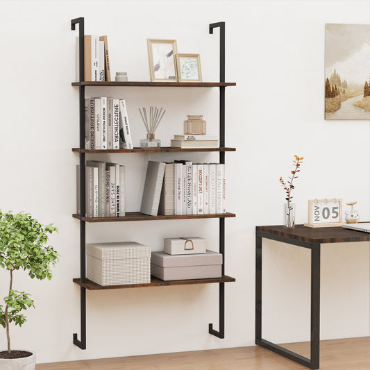 4-Tier Wall-Mounted Bookshelf with Metal Frame for Living Room-Rustic Brown