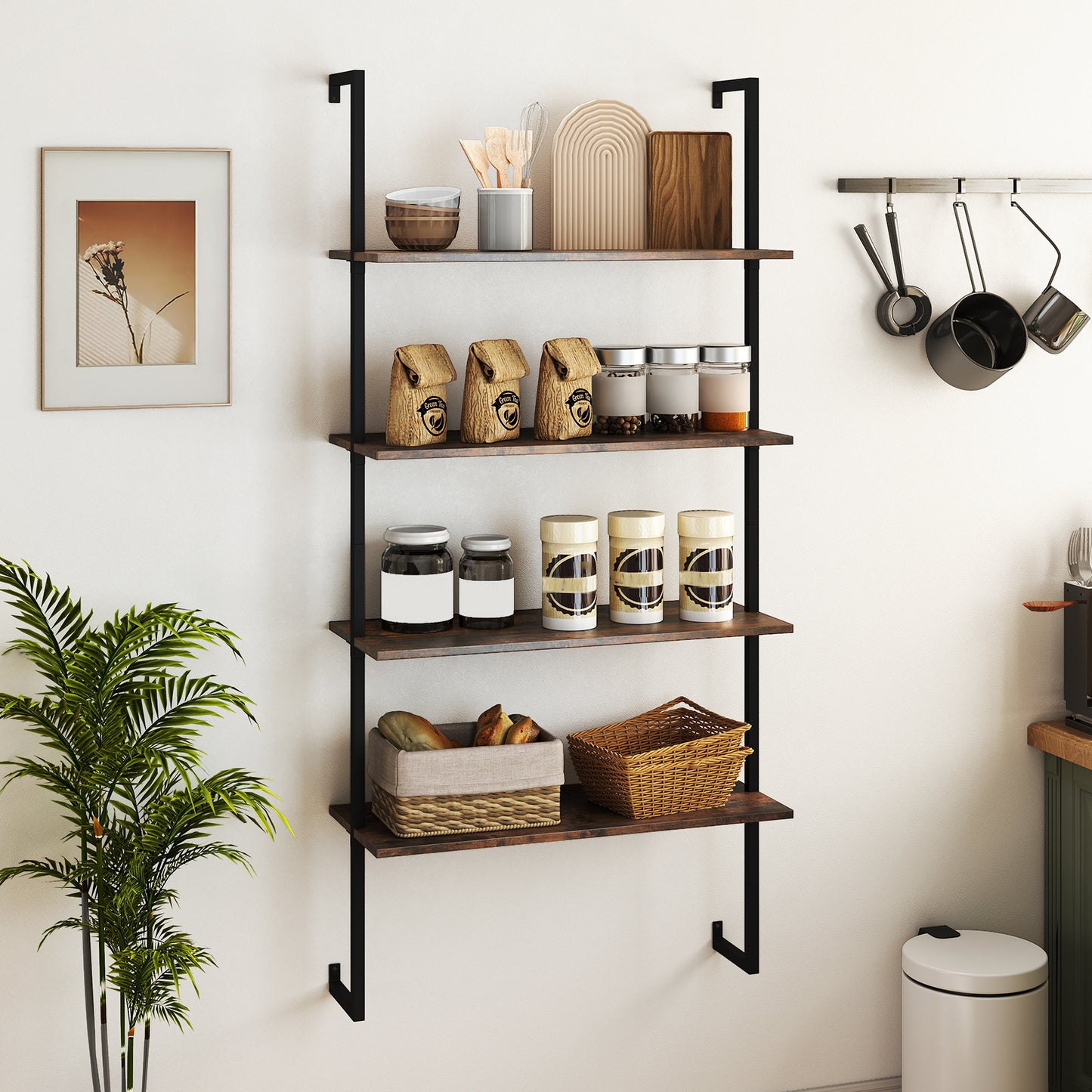4-Tier Wall-Mounted Bookshelf with Metal Frame for Living Room-Rustic Brown