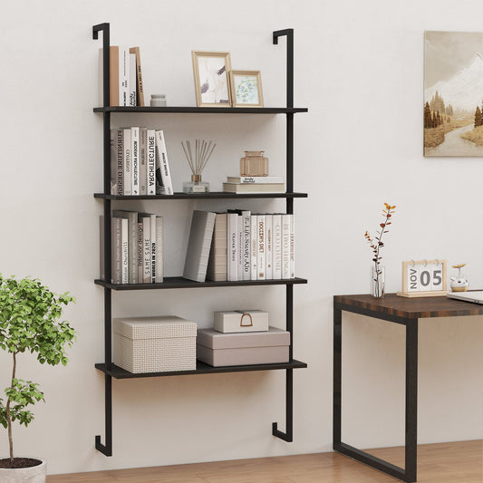4-Tier Wall-Mounted Bookshelf with Metal Frame for Living Room-Black