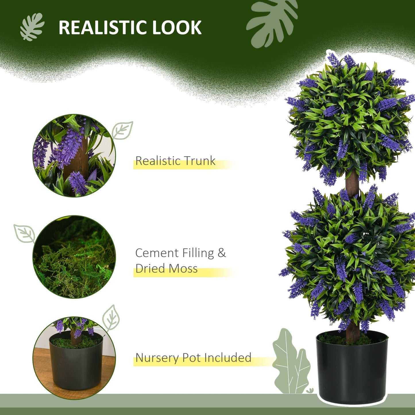 HOMCOM Set of 2 Artificial Plants, Lavender Flowers Ball Trees with Pot, for Home Indoor Outdoor Decor, 70cm