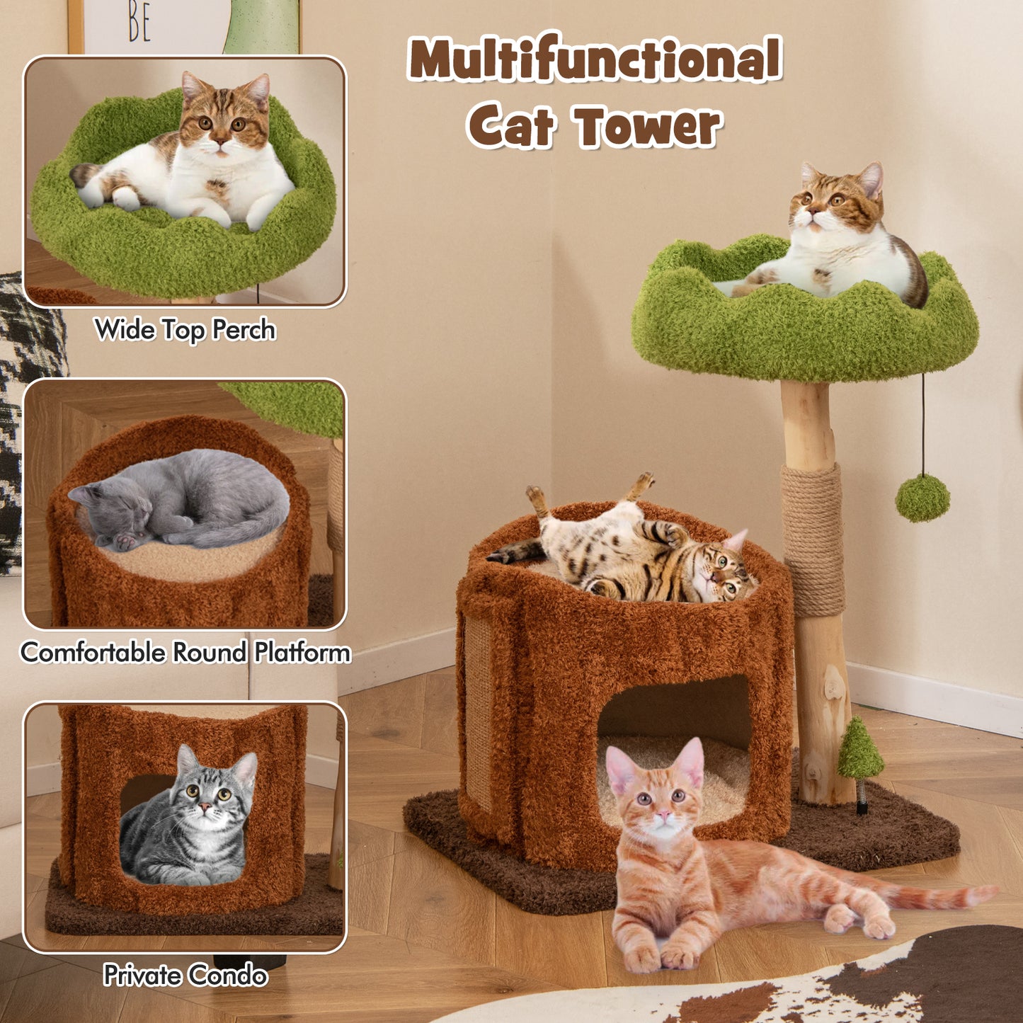 Multifunctional Cat Tree Modern Cat Tower with Sisal Covered Scratching Posts-Brown
