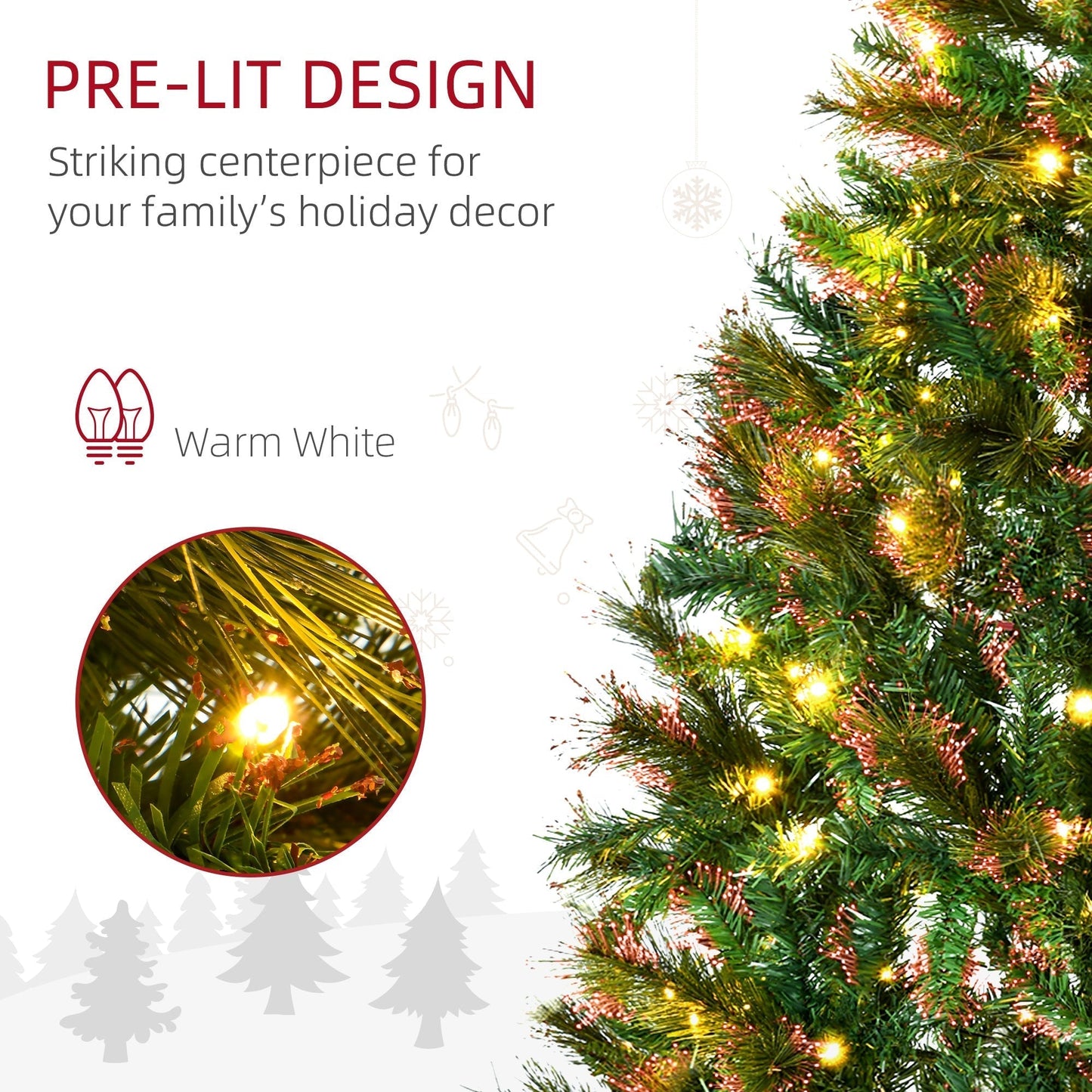 HOMCOM 1.5m 5ft Pre-Lit Christmas Tree Artificial Spruce Xmas Tree Warm White LED Holiday Decor with Metal Stand
