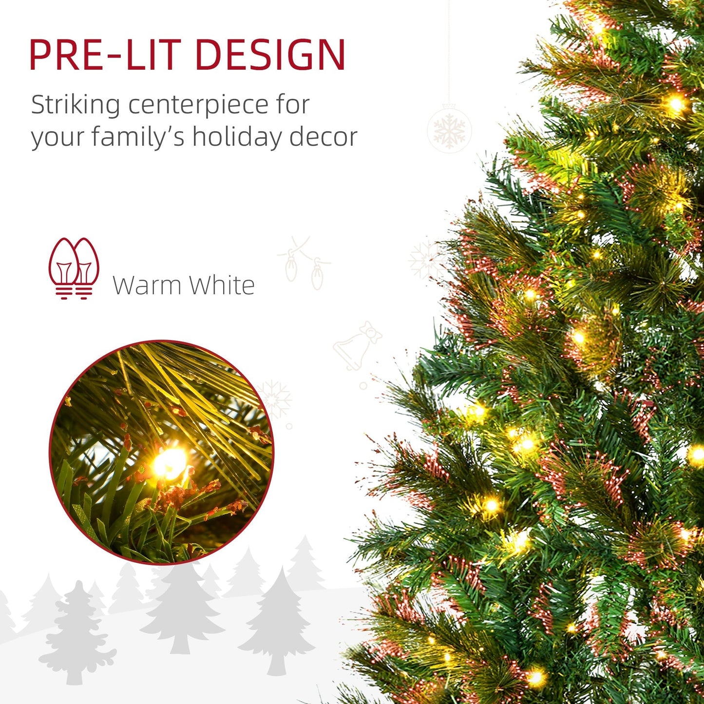 HOMCOM 1.5m 5ft Pre-Lit Christmas Tree Artificial Spruce Xmas Tree Warm White LED Holiday Décor with Metal Stand