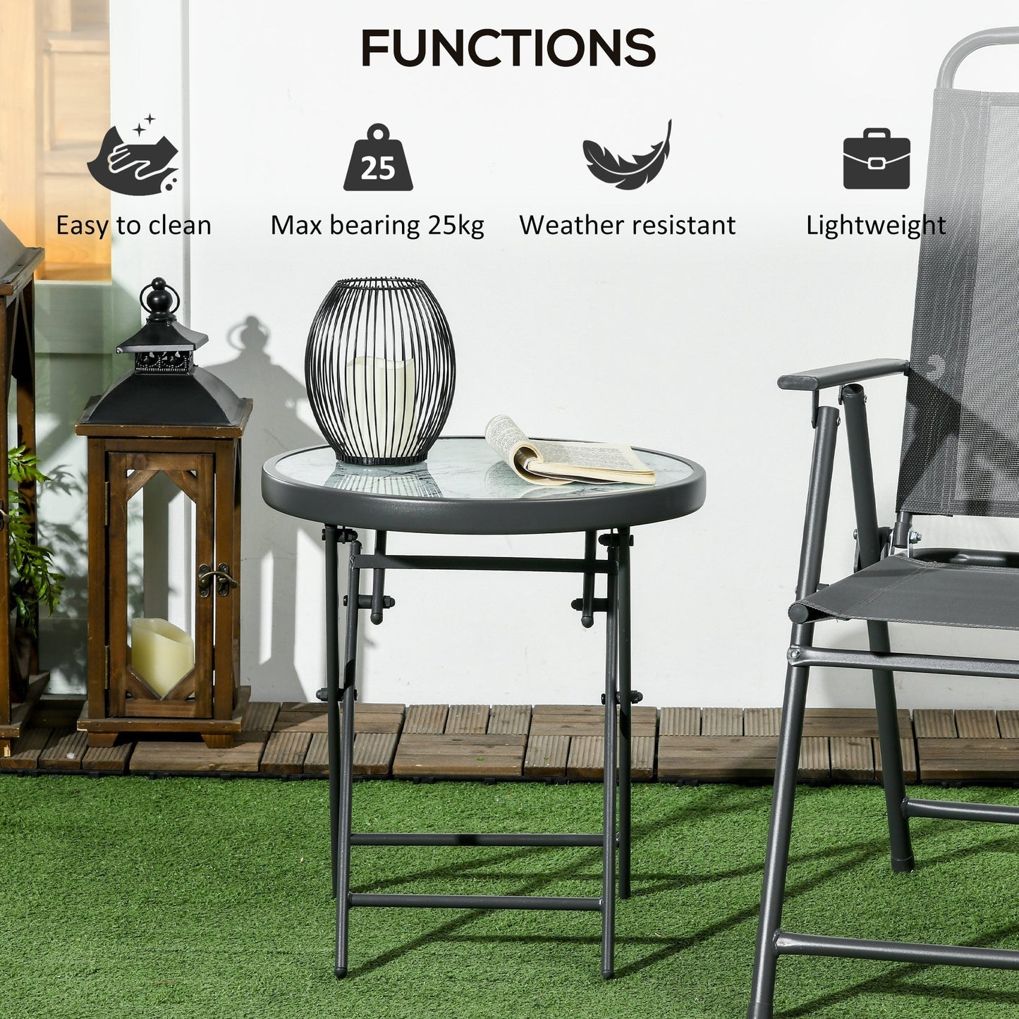 Outsunny â45cm Garden Side Table, Outdoor Round Folding Patio Table with Imitation Marble Glass Top, Small Coffee Table, White