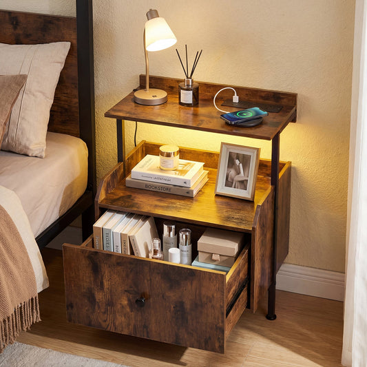 Nightstand Bedside Table with Charging Station and LED Light-Rustic Brown