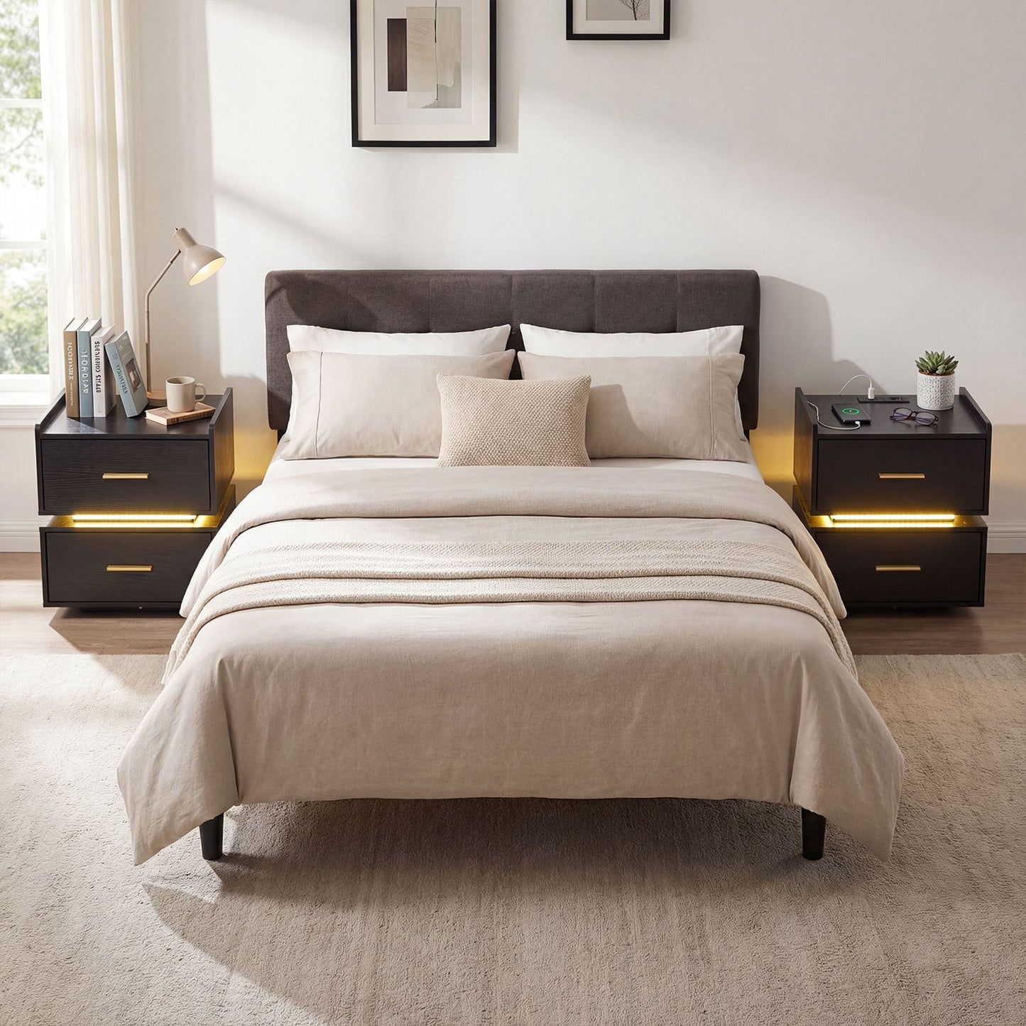Nightstand with Charging Station and 2 Storage Drawers-Black