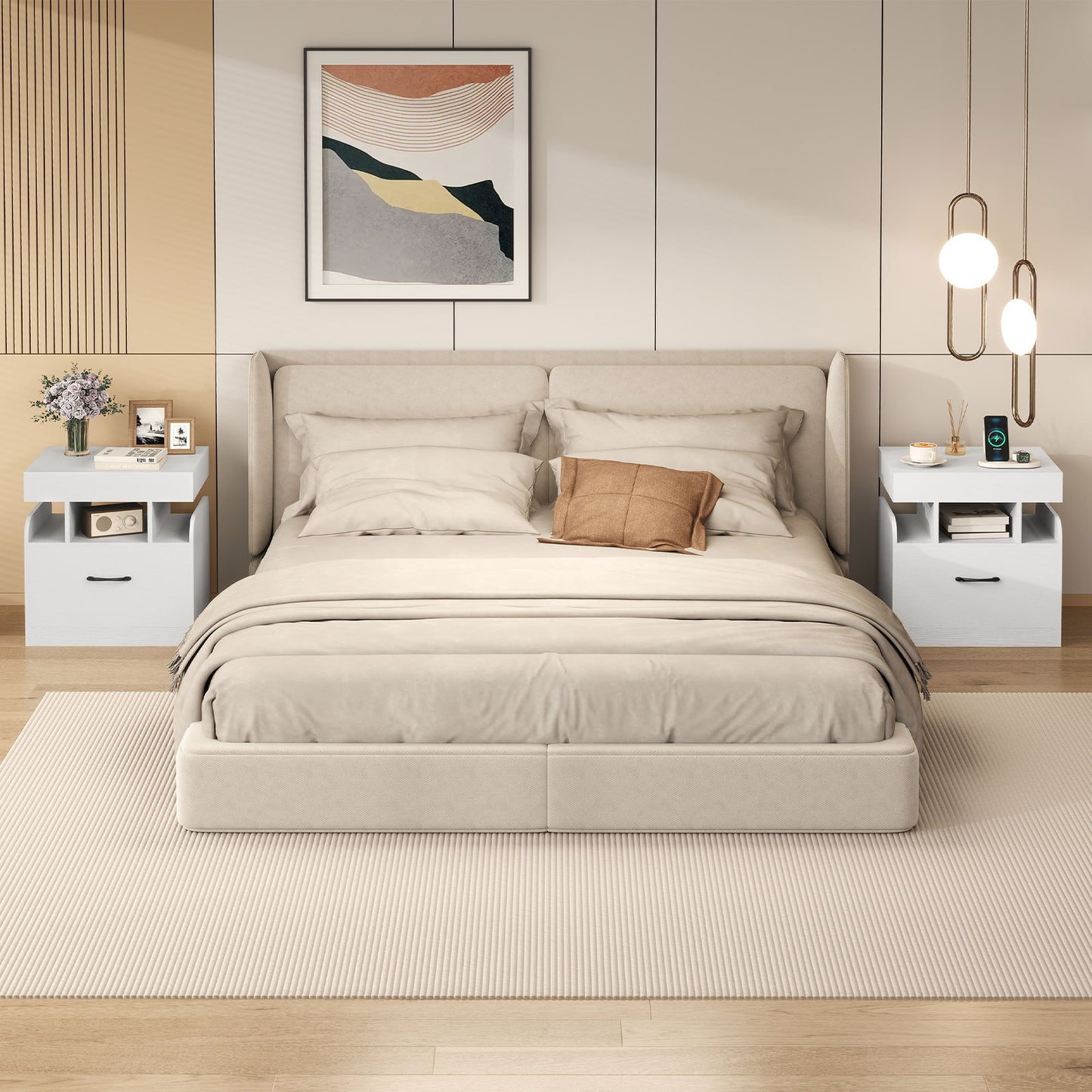 Nightstand with Charging Station with Drawer and Sliding Top Storage-White