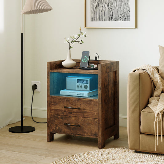 Nightstand with LED Lights and Power Outlets for Living Room-Rustic Brown