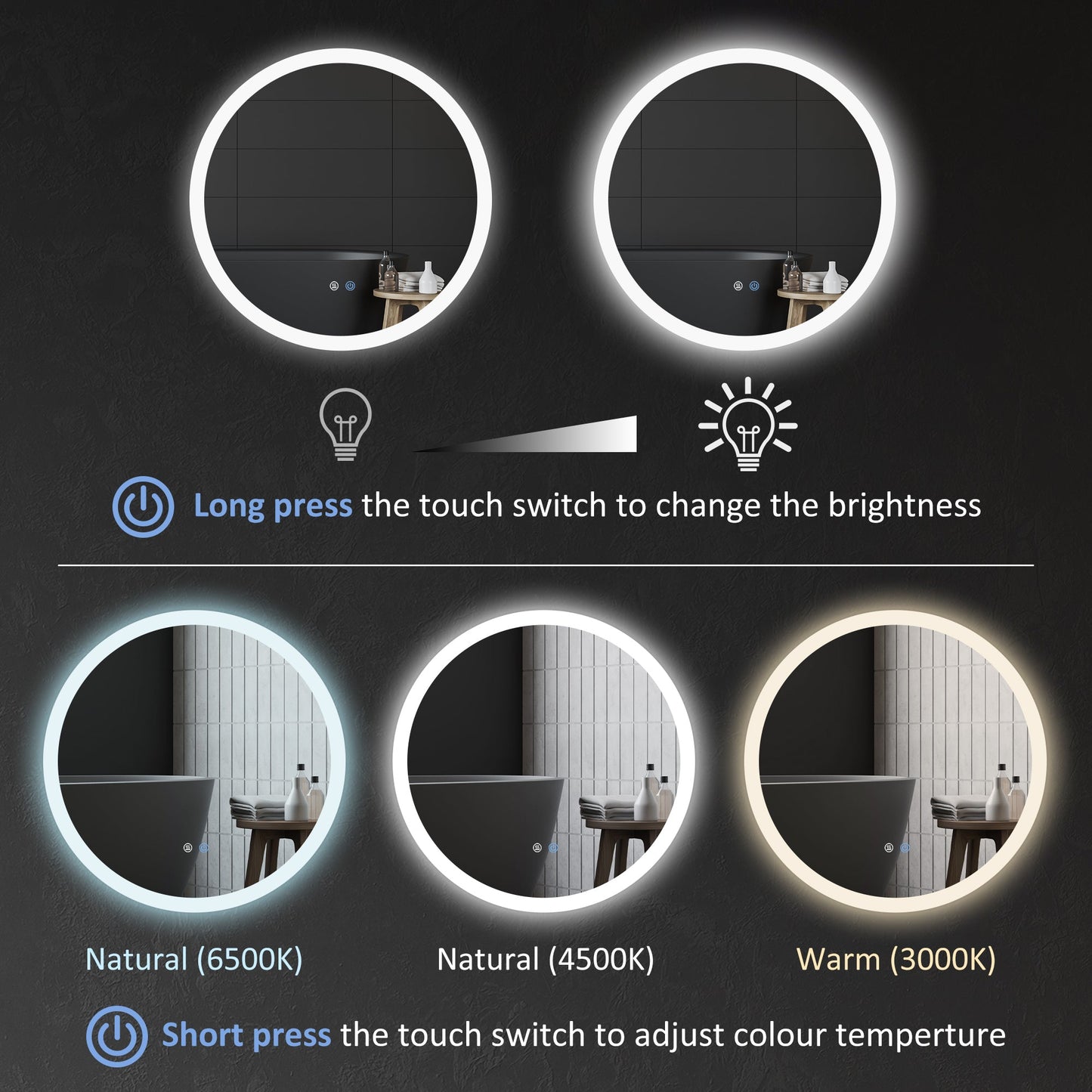 kleankin Round Bathroom Mirror with LED Lights, Wall-Mounted Dimmable Makeup Mirror with 3 Temperature Colours, Defogging Film, Memory Function, Hardwired, 70 x 70Â cm