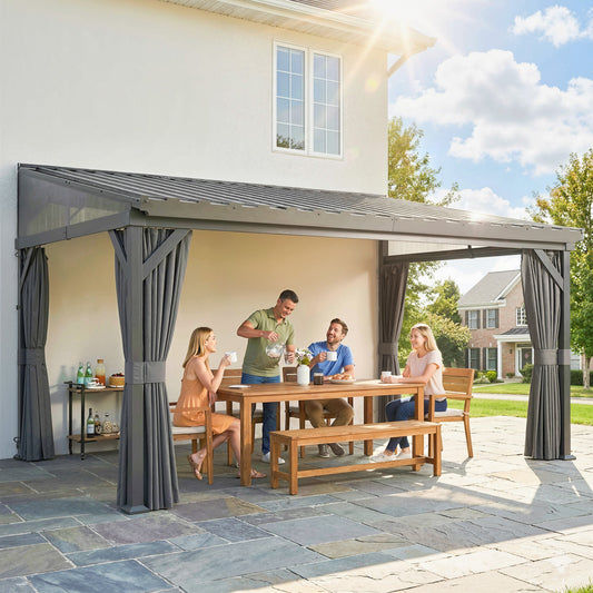 Outsunny 4.3 x 3 m Garden Pergola with Galvanised Steel Roof, Lean to Pergola Gazebo with Netting Curtains, Dark Grey