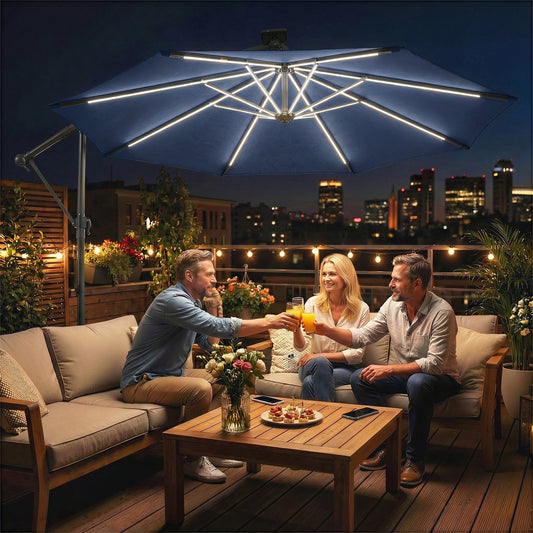 Outsunny 3 m Garden Cantilever Parasol with LED Solar Light, Round Overhanging Umbrella with 360° Rotation, Cover, Navy Blue