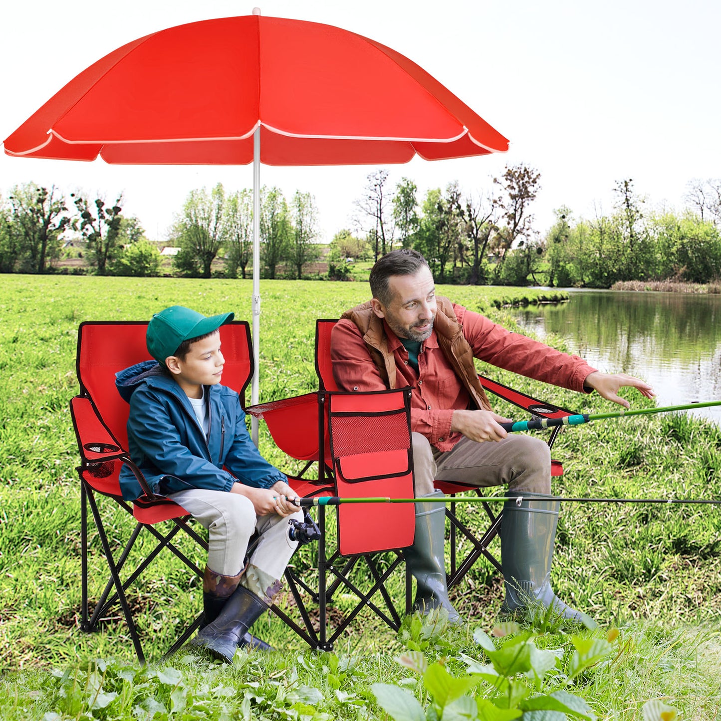 Portable Double Camping Chair with Umbrella & Ice Bag-Red