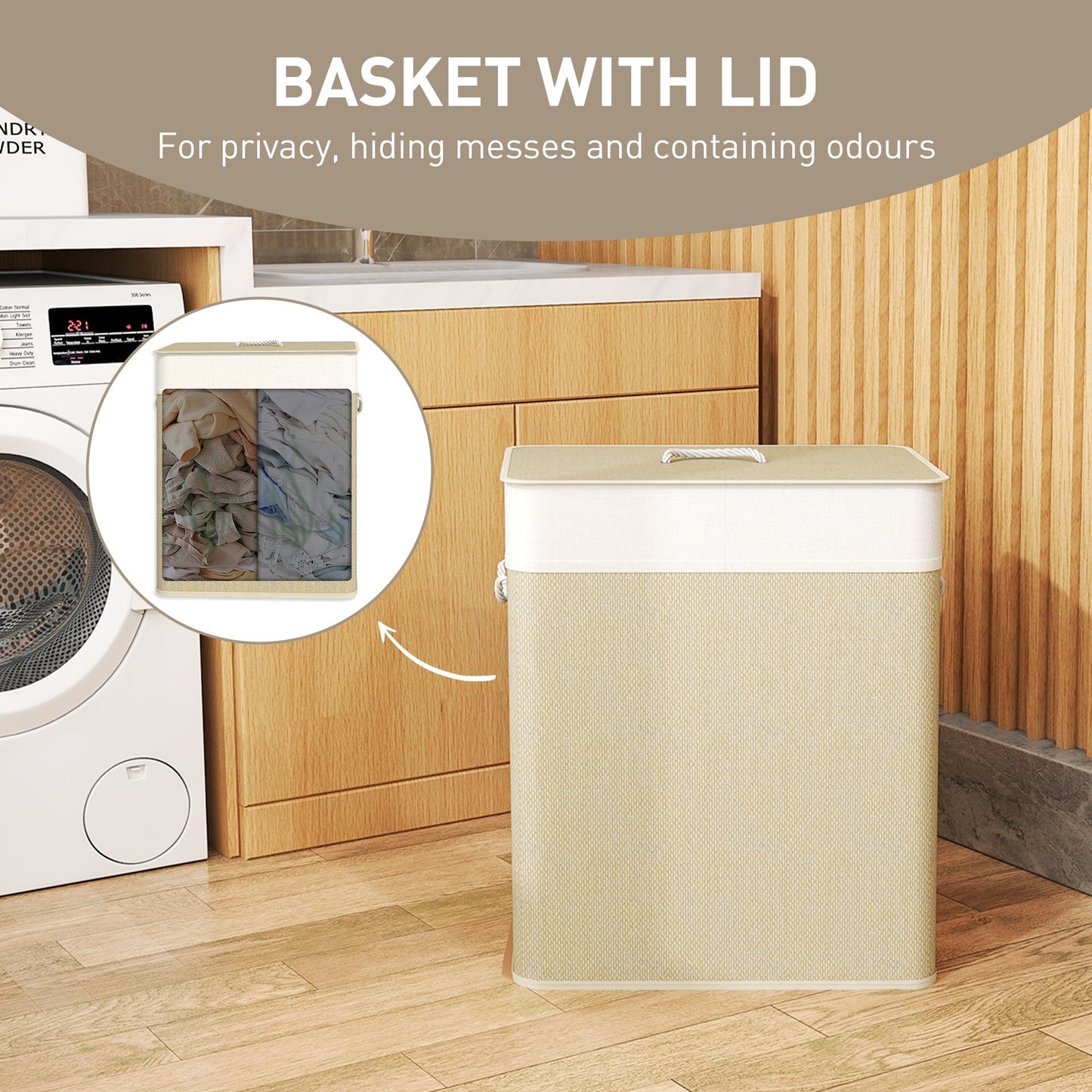 HOMCOM Double Laundry Basket with Lid, 100L Bamboo Laundry Hamper with Rope Handles, Washing Basket with Removable Liner for Bathroom, Bedroom, Cream White