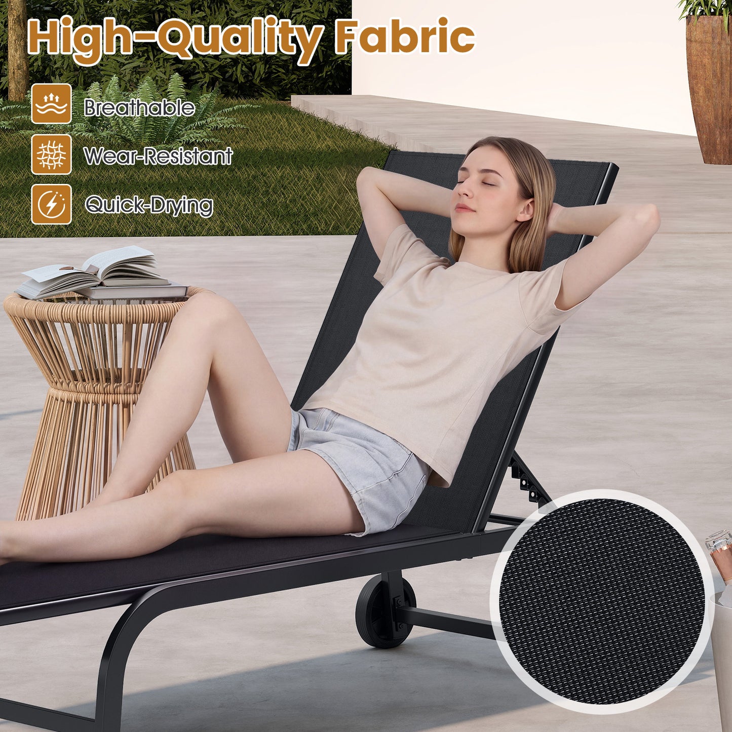 Outdoor Chaise Lounge Chair Set of 2 with Wheels 6-Position Recliner with 180° Full Flat-Black