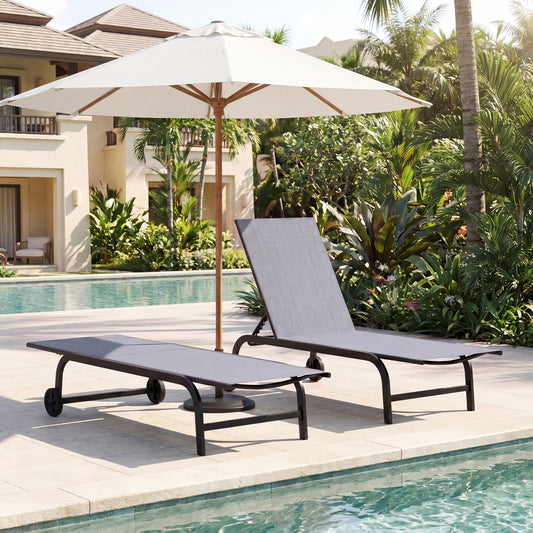 Outdoor Chaise Lounge Chair Set of 2 with Wheels 6-Position Recliner with 180° Full Flat-Grey