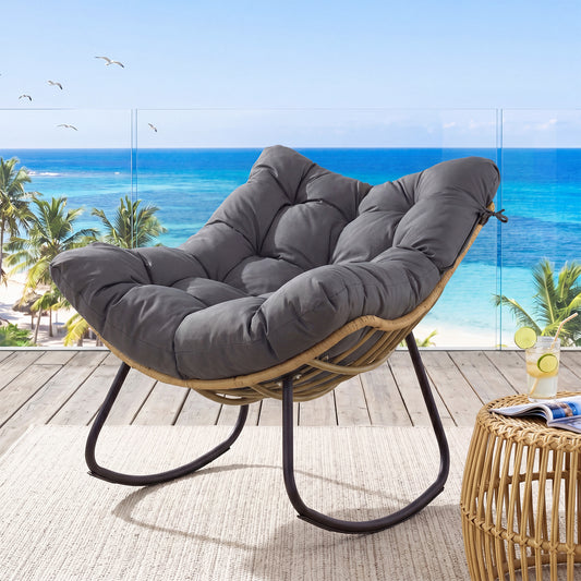 Outdoor Papasan Rocking Chair Oversized PE Wicker Patio Egg Chair with Thick Cushion-Grey