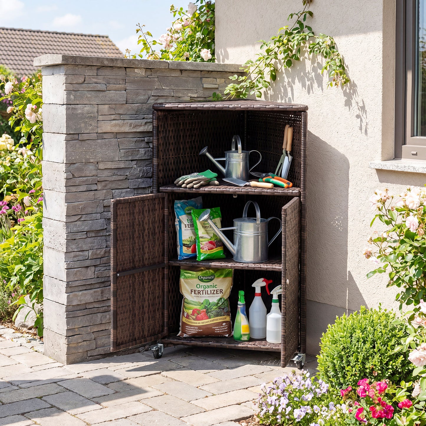Outdoor Rattan Storage Cabinet with Shelves and 2 Doors and Lockable Wheels for Patio-Brown