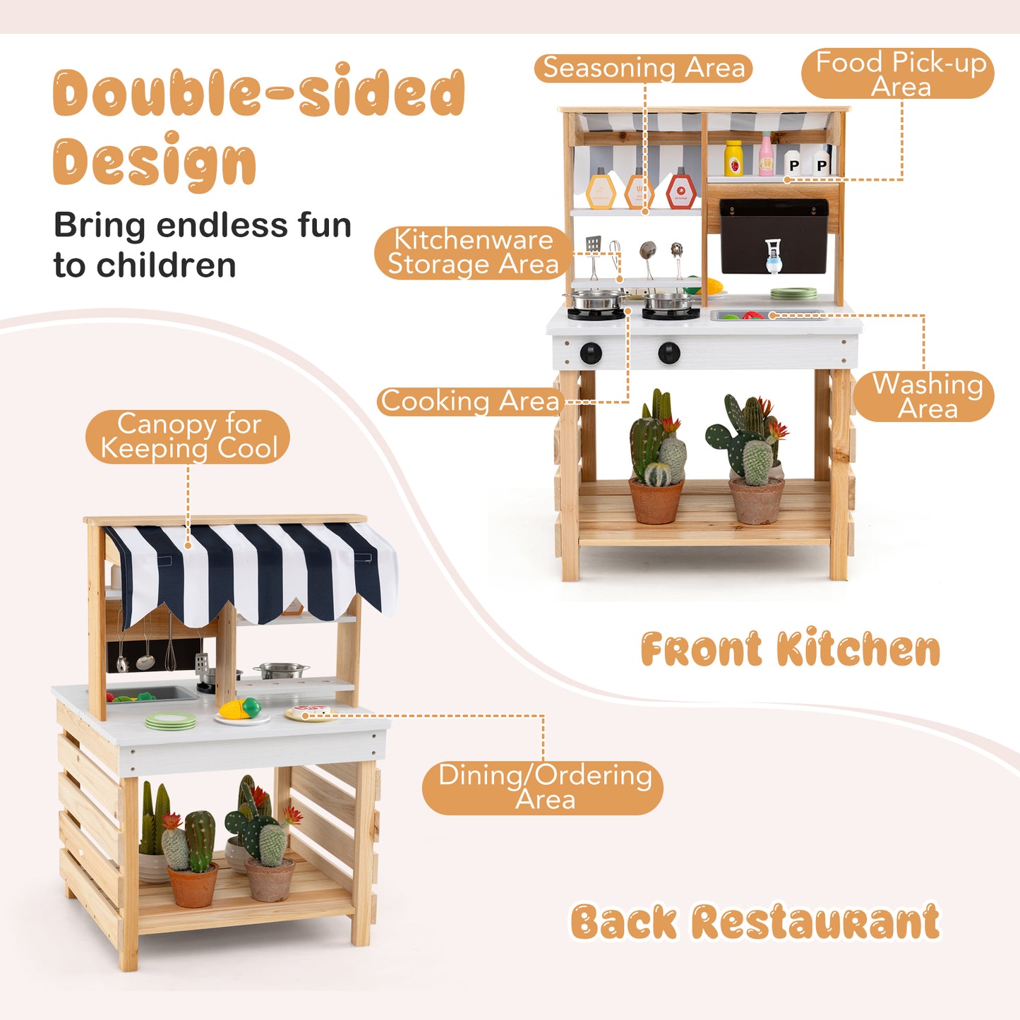 Outdoor Double-Sided Mud Kitchen for Kids-Natural & White