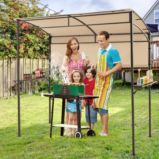 Outdoor Patio BBQ Canopy with Metal Shelves and Hooks-Beige