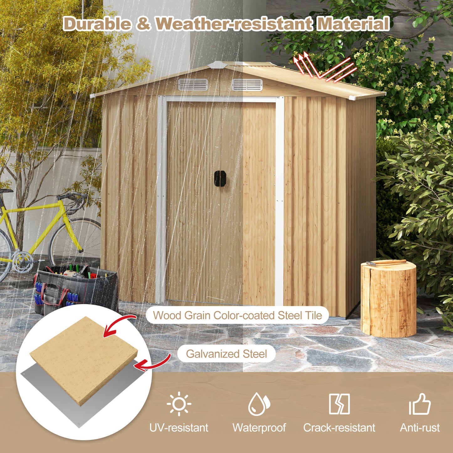 Outdoor Storage Shed with 4 Vents and Lockable Doors-Natural