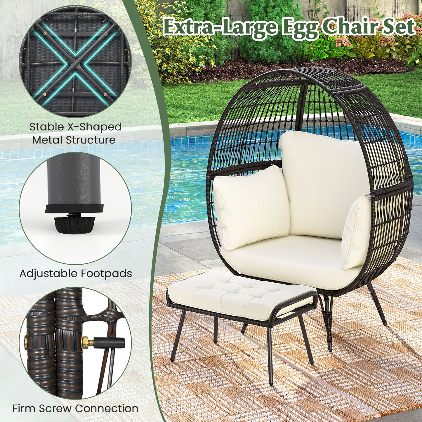 Patio Oversized Egg Chair with Ottoman and Soft Cushions-Off White