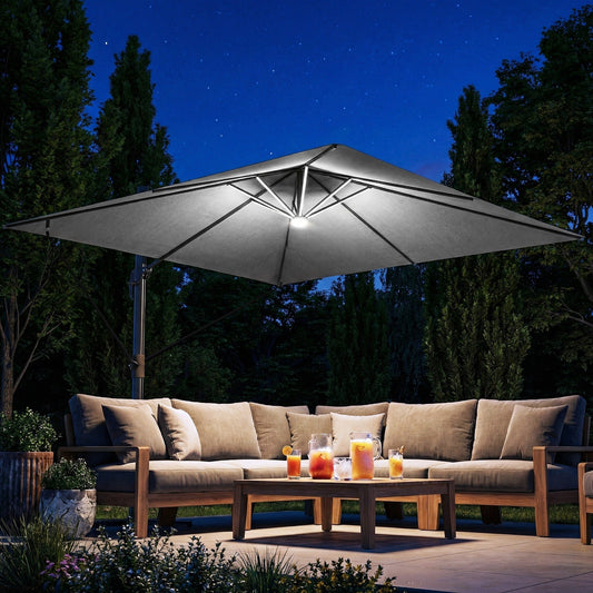 Outsunny 3 x 3 m Garden Cantilever Parasol with Light, Cover, Overhanging Umbrella w/ Wind Protection, 360 degrees Rotation, Light Grey