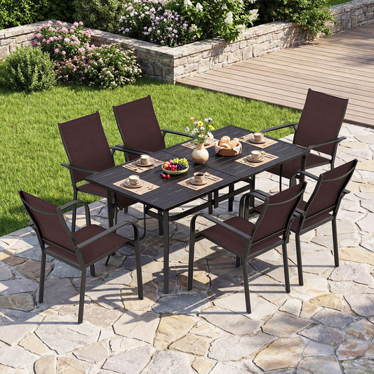 Patio Dining Table for 6 160CM Rectangle Metal Slat Table with Umbrella Hole-Black