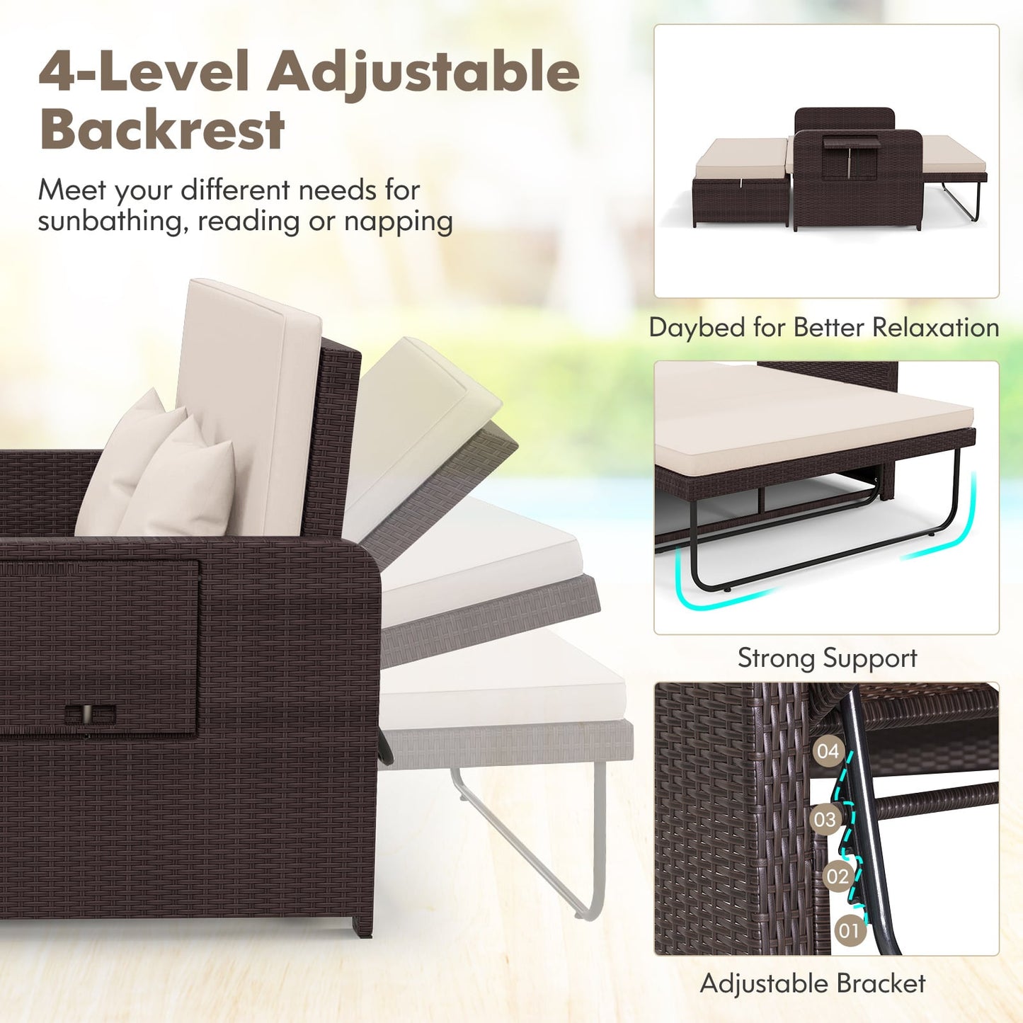 Patio Rattan Daybed Set with Ottoman and Adjustable Backrest-Beige