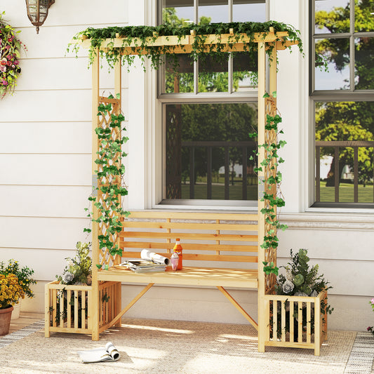 Patio Garden Bench Arbor Arch Wooden Outdoor Bench with Pergola-Natural