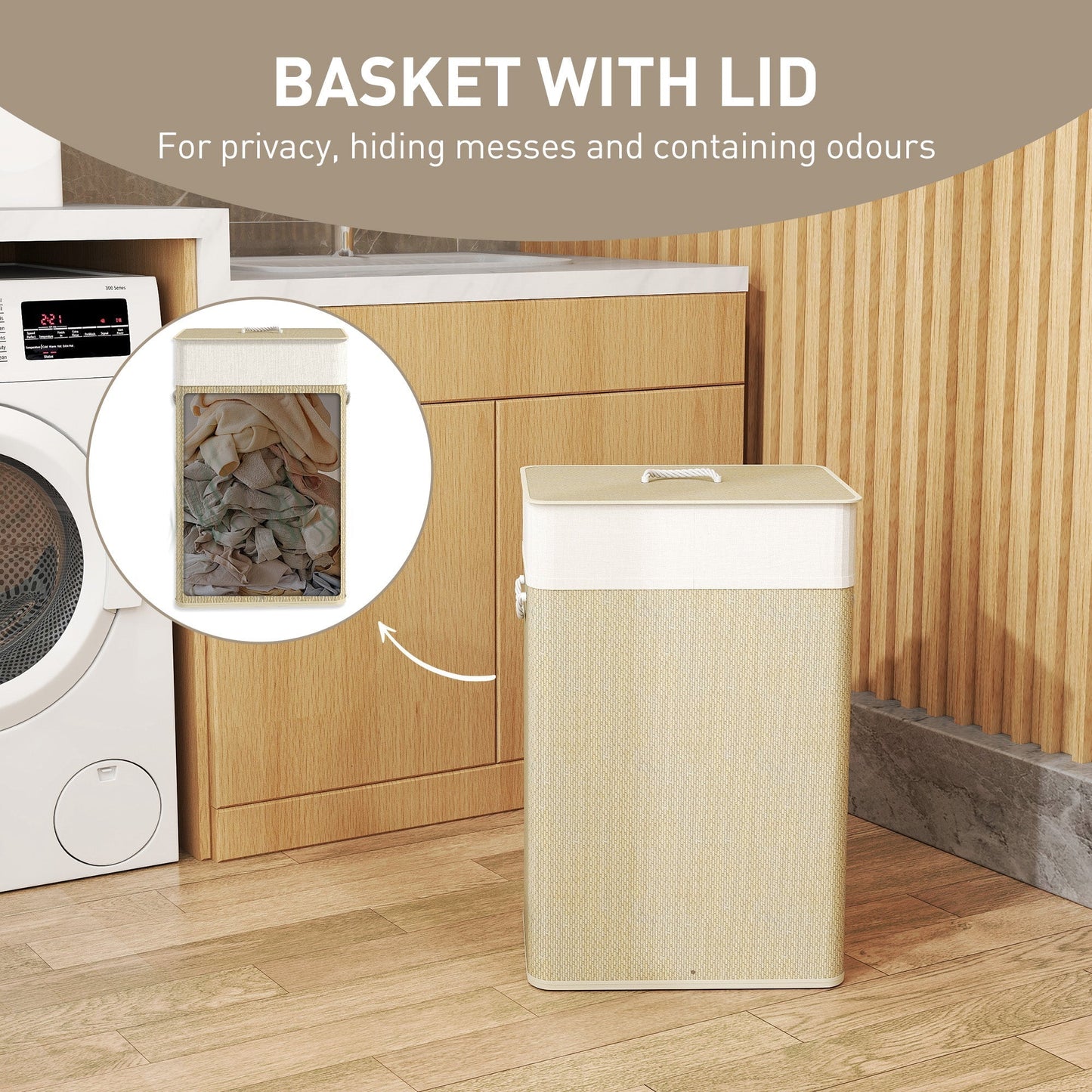 HOMCOM Bamboo Laundry Basket with Lid, 72L Laundry Hamper with Rope Handles, Washing Basket with Removable Washable Liner Bag for Bathroom, Bedroom, Nature Wood Finish